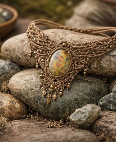 Collar de macramé hecho con piedra de tigre sobre rocas