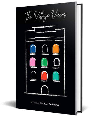 A black book cover with a while line drawing of a multi storey apartment building with different coloured windows