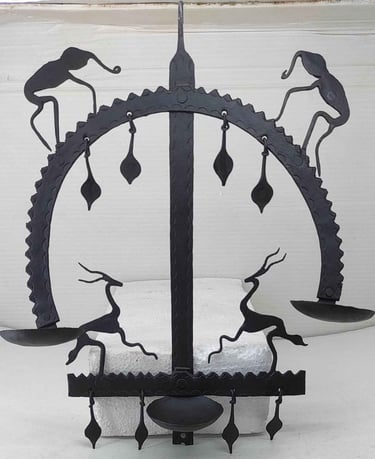 "Tribal oil lamp with elephant face pattern–iron hanging light-Export-ready"
