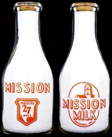 Mission Milk California milk bottle from Salinas California for sale.  Milk bottles for sale.