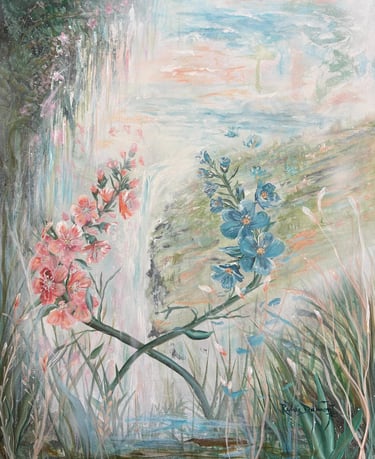 floral landscape painting with cherry blossoms and waterfall impressionist style