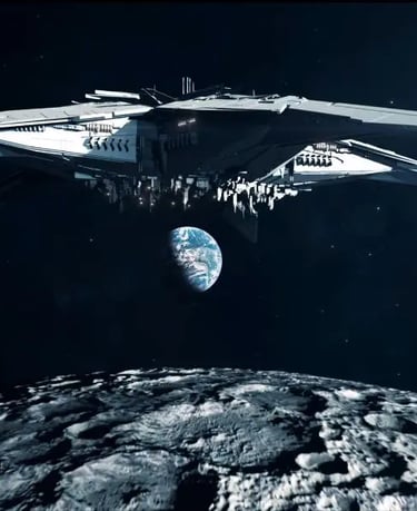 a spaceship is flying over a moon