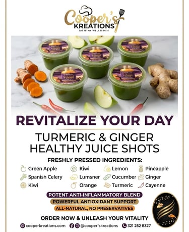 Cooper's Kreations turmeric and ginger healthy juice shots with fresh green apple and spices.