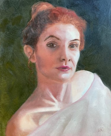 An original oil painting of a woman with pale skin and red hair looking directly at the viewer