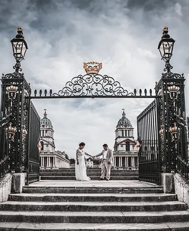 wedding couple standing on the old royal navy college steps in greenwich