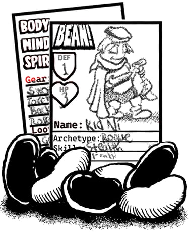 BEAN Character Sheet, front and back, with beans
