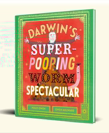 The cover of the picture book: Darwin's Super-Pooping Worm Spectacular. Darwin's 40 year worm study