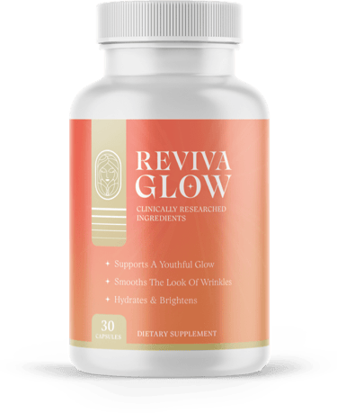 Reviva Glow dietary supplement bottle for youthful skin, hydration, and anti-wrinkle care.