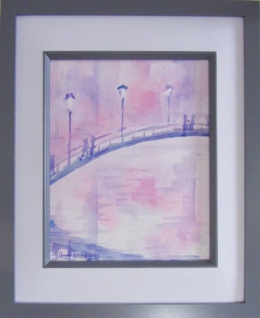 Pinks and purples suggest early morning watching people crossing an arched bridge in a busy city. 