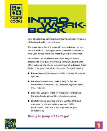 First page of an intro workbook pdf for Campus Cooks.