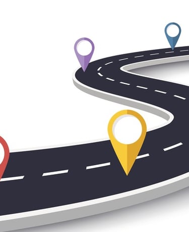 a winding road with pinpoint markers and pinstripes