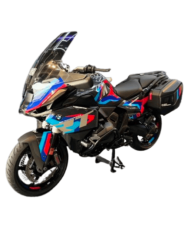 BMW touring motorcycle with custom red blue graphic wrap design
