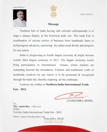 A message for Mrs. Amita Roy for organizing Northern India International Trade Fair