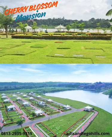 Area Cherry Blossom Mansion San Diego Hills dengan pemandangan danau dan taman hijau luas