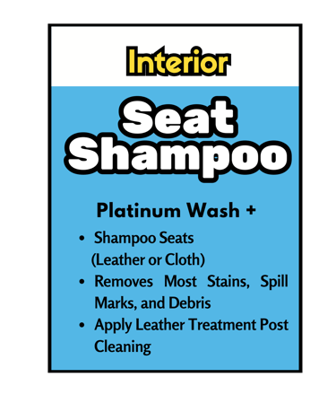 Shampoos leather/cloth seats, removes stains, spills, debris, applies leather treatment