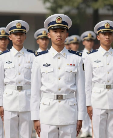 Symmetrical medium shot of disciplined military academy cadets standing in formal white parade uniforms, bright daylight, sharp focus, 35mm
