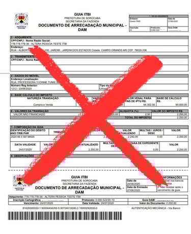 Uma guia de ITBI com um X vermelho