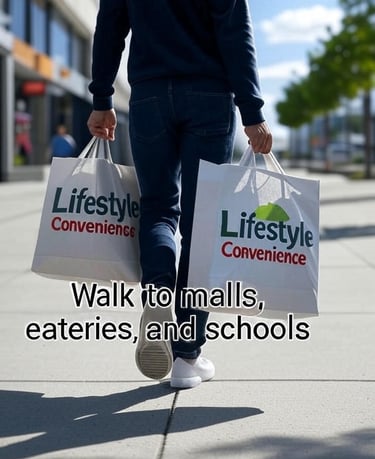 Person walking with shopping bags on a street. Text reads: Walk to malls, eateries, and schools