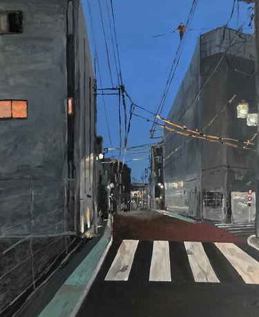 urban street scene with tightope walker above