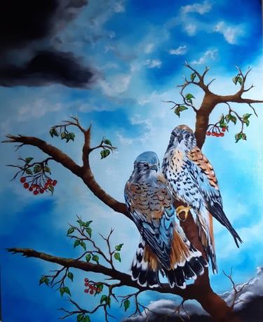 a painting of two birds perched on a tree branch