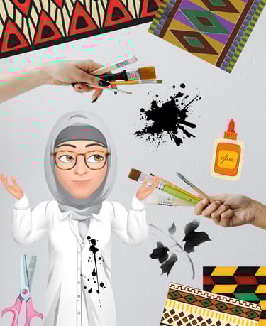 An illustrated avatar of a woman in a hijab surrounded by paintbrushes, scissors, glue, and patterns.