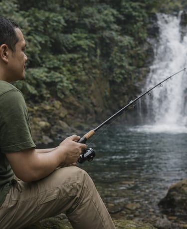 armando memancing di aliran sungai air terjun di hutan