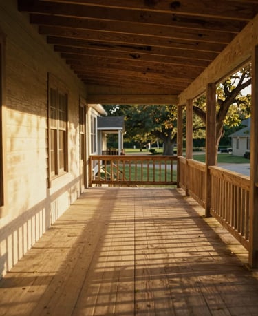 Grounded view of a sunlit wooden front porch in Texas, warm golden light casting long shadows across the floorboards