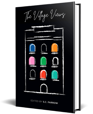 A black book cover with a while line drawing of a multi storey apartment building with different coloured windows