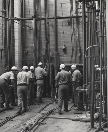 Industrial engineer in hard hat inspecting a modern manufacturing facility with overhead lighting.