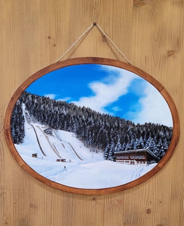 Saut à ski des Tuffes et son médaillon sont peints en trompe-l'oeil sur une porte en bois