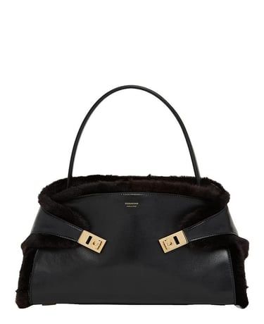 Hug Genuine Shearling Trim Leather Satchel