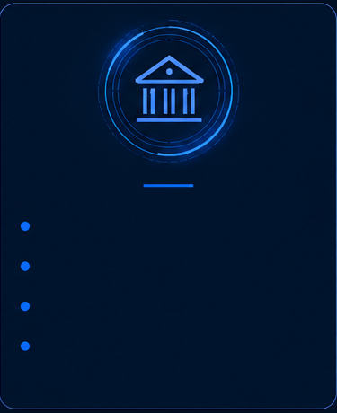 Digital banking icon with a blue bank building graphic on a dark futuristic background.