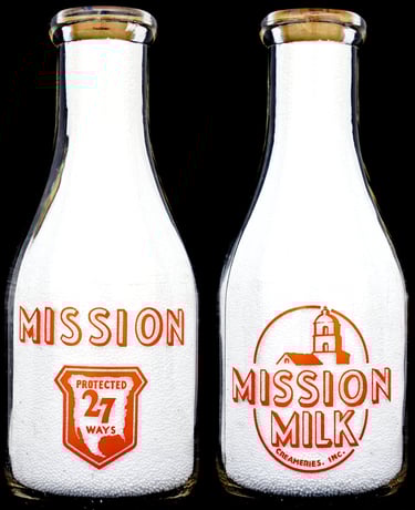 Mission Milk California milk bottle from Salinas California for sale.  Milk bottles for sale.