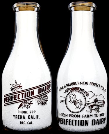 Perfection Dairy California milk bottle from Yreka California for sale.  Milk bottles for sale.