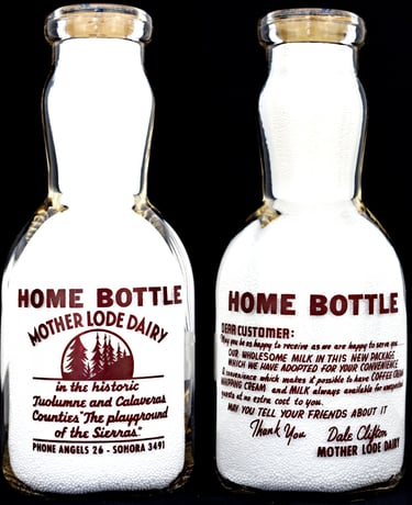 Mother Lode Dairy California milk bottle from Sonora California for sale.  Milk bottles for sale.