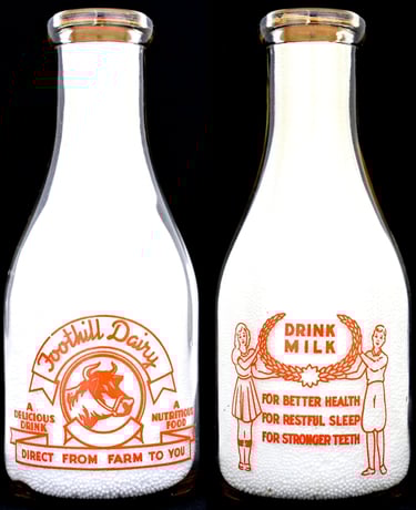 Foothill Dairy California milk bottle from Asuza California for sale.  Milk bottles for sale.