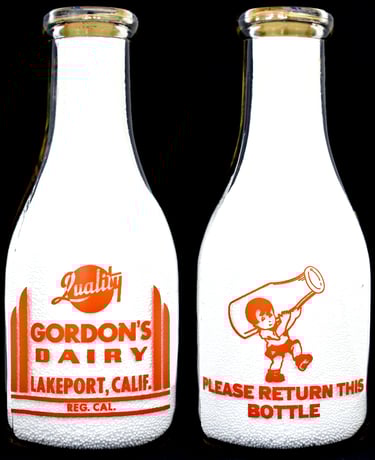Gordon's Dairy California milk bottle from Lakeport California for sale.  Milk bottles for sale.