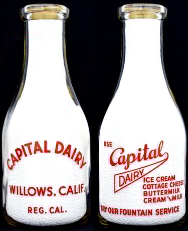 Capital Dairy California milk bottle from Willows California for sale.  Milk bottles for sale.