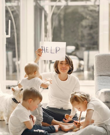 a woman holding a sign that says help
