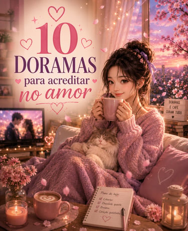 Girl watching romantic K-dramas with her cat, holding a mug of coffee in a cozy pink aesthetic setting.