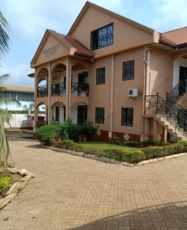 Résidence de luxe à louer à Yaoundé, maison d'hôtes ocre avec palmiers et allée pavée.