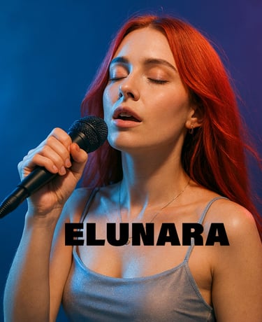 Red-haired female singer Elunara performing with a microphone under blue and purple stage lighting.