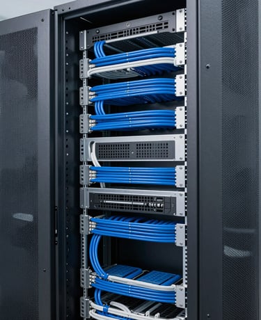 Clean modern server rack with structured cabling, cool-toned industrial lighting, slate gray and technical blue accents, sharp focus, 35mm