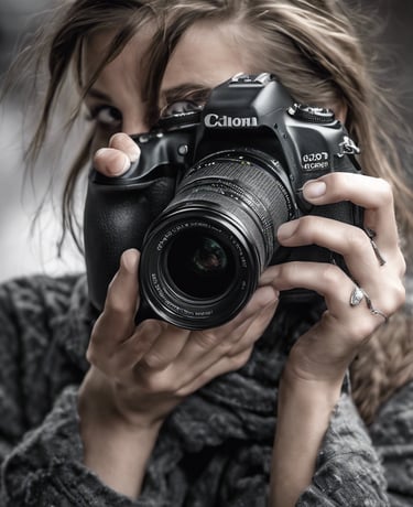 black DSLR camera floating over man's hand at the woods