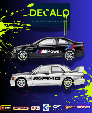 BMW M3 noir et MERCEDES-BENZ grise AMG sublimés par des décals "M-POWER" et "AMG"