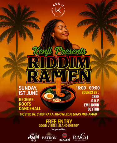 Kenji Ramen Bali RIDDIM RAMEN reggae night event poster - Japanese dining with live music Canggu