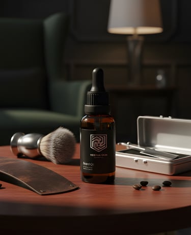 Premium Yeshua Skin beard oil bottle on a wooden table with a shaving brush and straight razor.