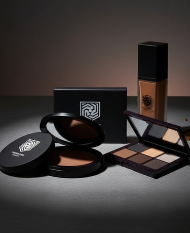 Luxury makeup set featuring eyeshadow palette, foundation bottle, and pressed powder compact.