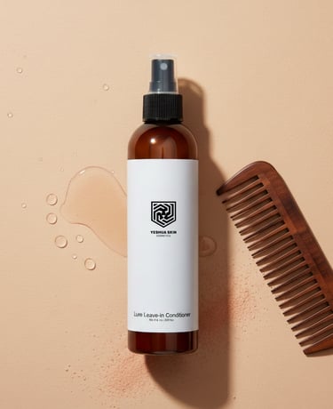 Bottle of Lure leave-in conditioner spray with a wooden comb and liquid droplets on a beige background.