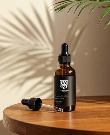 Yeshua Skin Niacinamide Vitamin Boost Serum in an amber glass bottle with dropper on a wooden table.